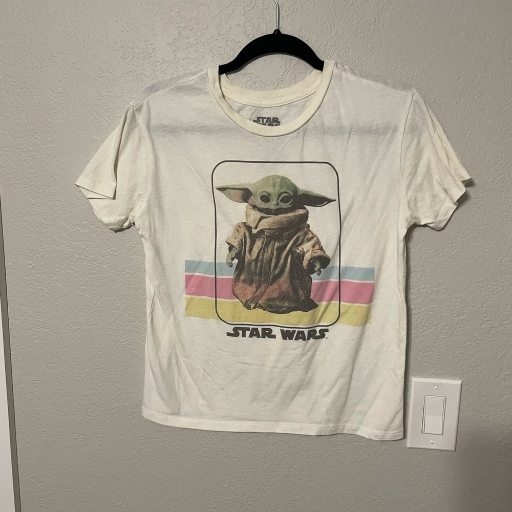 Fifth Sun Star Wars Grogu Baby Yoda Graphic Tee Retro Stripe Cropped T Shirt